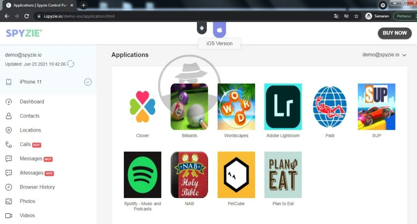 Blokir aplikasi terpasang, SpyZie.io demo