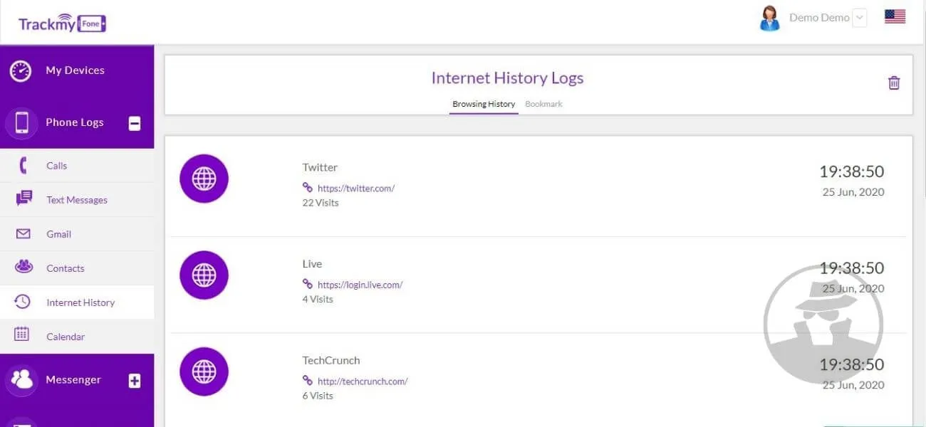 Demo TrackMyFone - Sadap Riwayat Browser