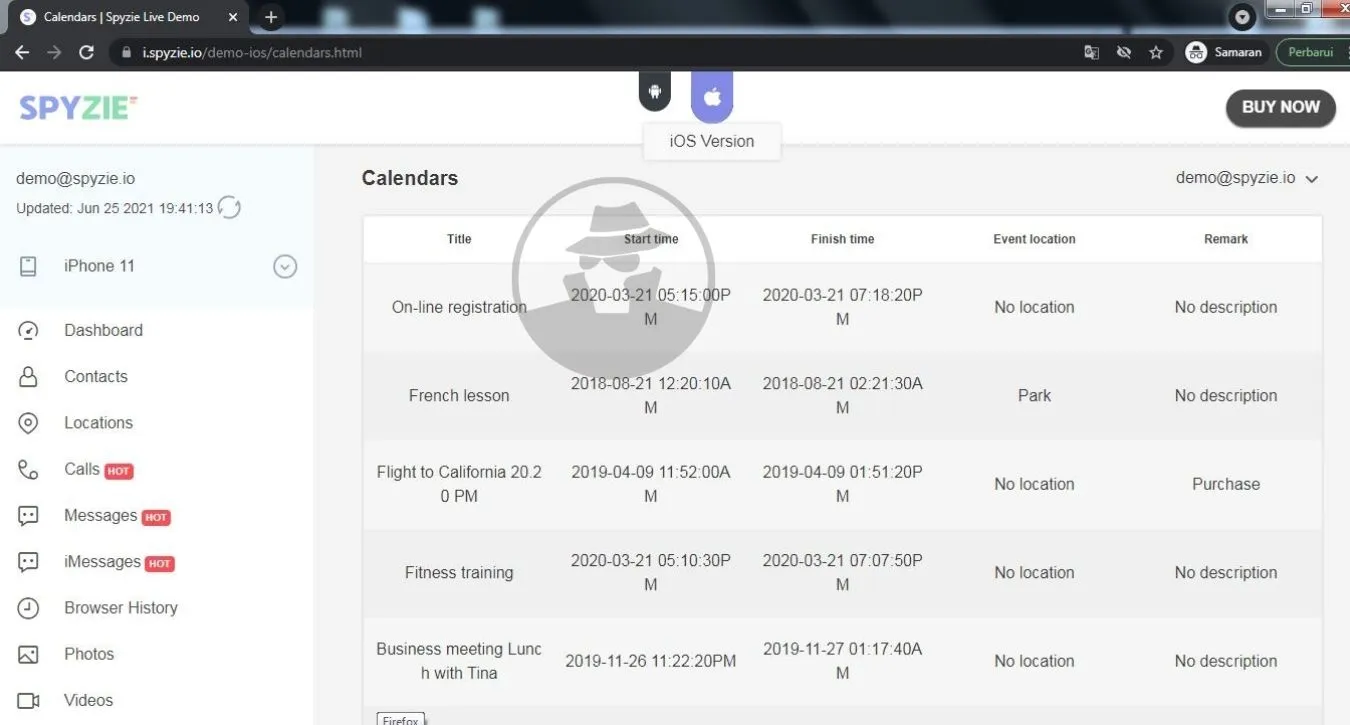 Sadap data kalendar, SpyZie.io demo