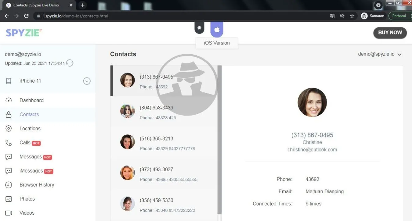 Sadap Daftar kontak, SpyZie.io demo